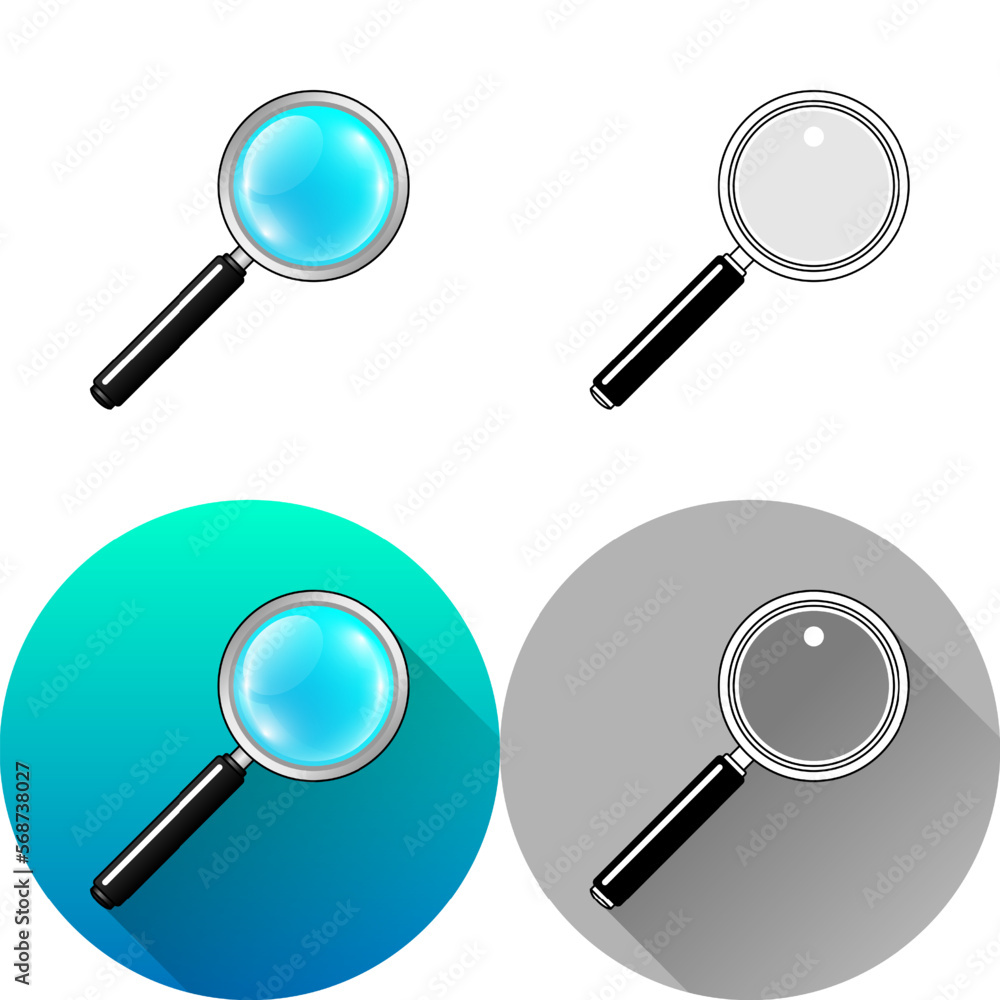 Magnifying Glass Len, Zoom and Find Laboratory Equipment Icon, Set of Flat Diagonal Shadow, Color, Black-White Silhouette, Line Art Logo Icon Symbol Isolated on White Background for Science Medical Magnifying Glass Len, Zoom and Find Laboratory Equipment Icon, Set of Flat Diagonal Shadow, Color, Black-White Silhouette, Line Art Logo Icon Symbol Isolated on White Background for Science Medical