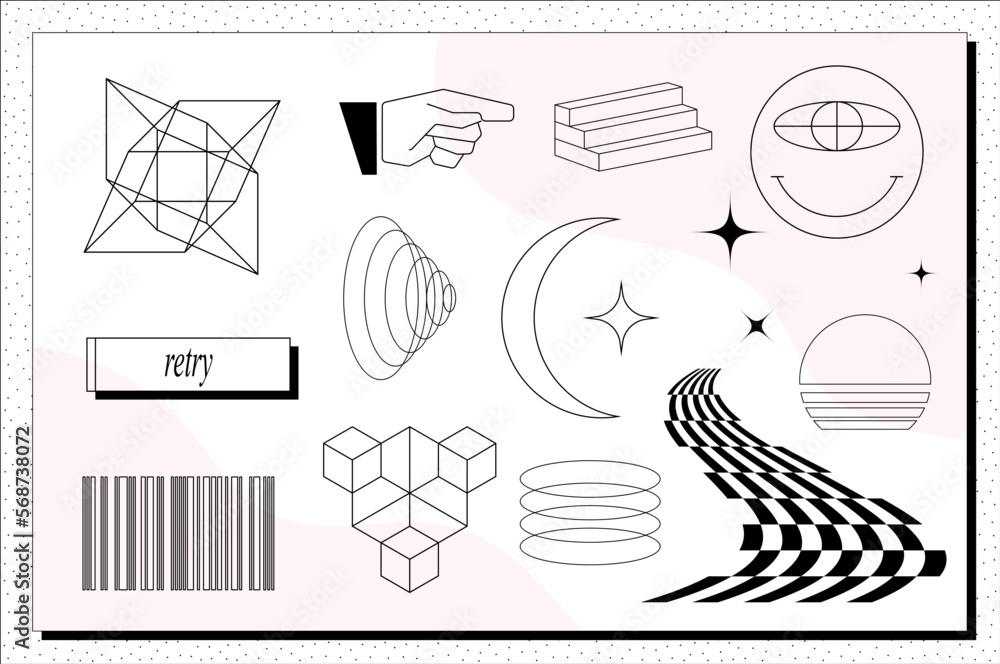 Super trendy geometric Y2K brutalism styled linear shapes. Set including stars, deformation, bubbles, arrows and other trendy shapes.