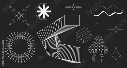 Super trendy geometric Y2K brutalism styled linear shapes. Set including stars, deformation, bubbles, arrows and other trendy shapes.