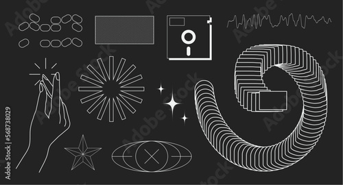 Super trendy geometric Y2K brutalism styled linear shapes. Set including stars, deformation, bubbles, arrows and other trendy shapes.