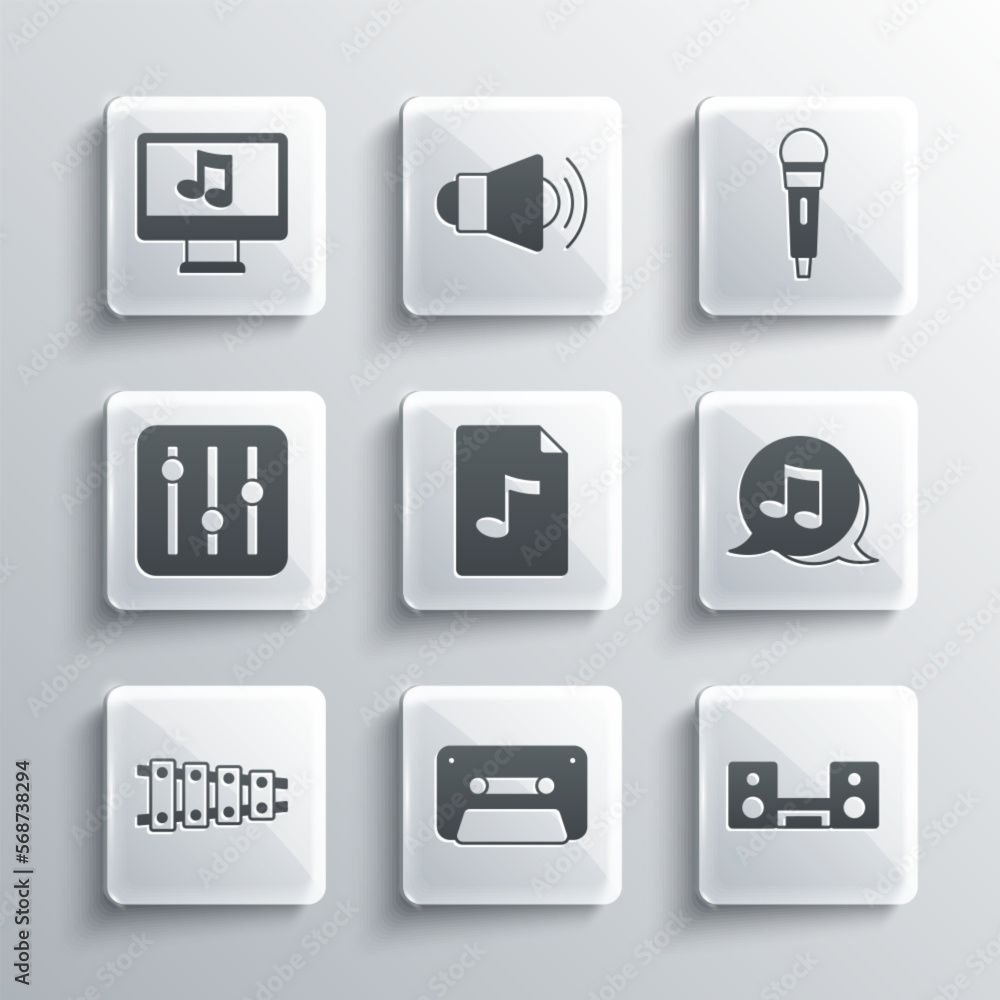 Set Retro audio cassette tape, Home stereo with two speakers, Music note, tone, MP3 file document, Xylophone, Sound mixer controller, Computer music and Microphone icon. Vector Set Retro audio cassette tape, Home stereo with two speakers, Music note, tone, MP3 file document, Xylophone, Sound mixer controller, Computer music and Microphone icon. Vector