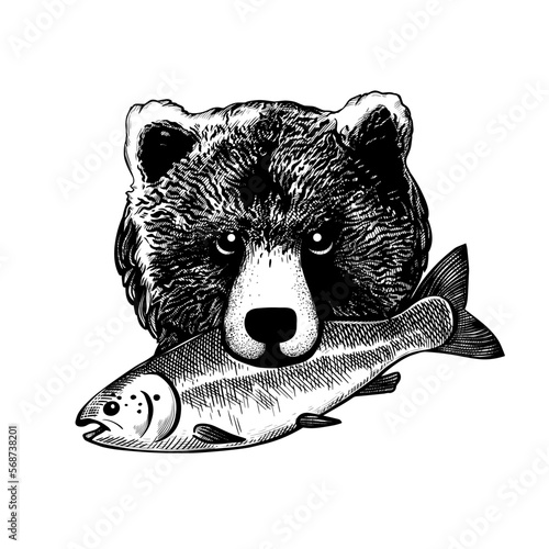 Bear head with fish. Hand drawn vector illustration.Black and white isolated image in vintage style..