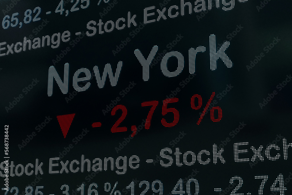 New York stock exchange moving down. USA, New York negative stock market data on a trading screen. Red percentage sign and ticker information. Stock exchange and business concept. 3D illustration