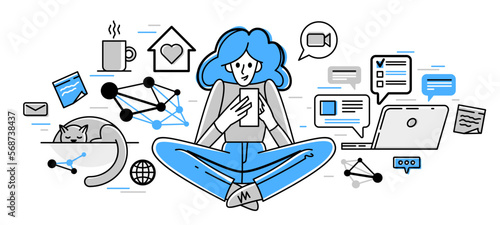 Freelancer working from home vector outline illustration, self-employed person busy with online work, professional doing some creative job on internet.