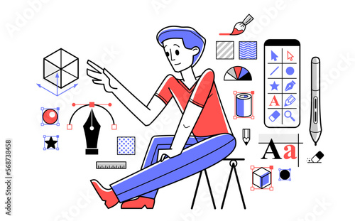 Graphic designer working on some creative project vector outline illustration, inspired digital artist doing some visual job on pc software, composing and editing.