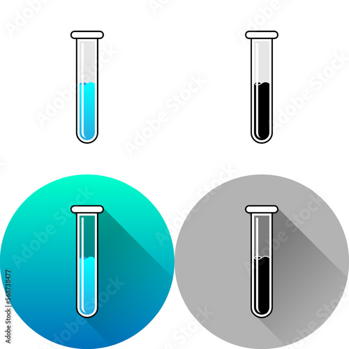 Glass Test Tube Chemical Container Laboratory Equipment Icon, Set of Flat Diagonal Shadow, Color, Black-White Silhouette, Line Art Logo Icon Symbol Isolated on White Background for Science Medical