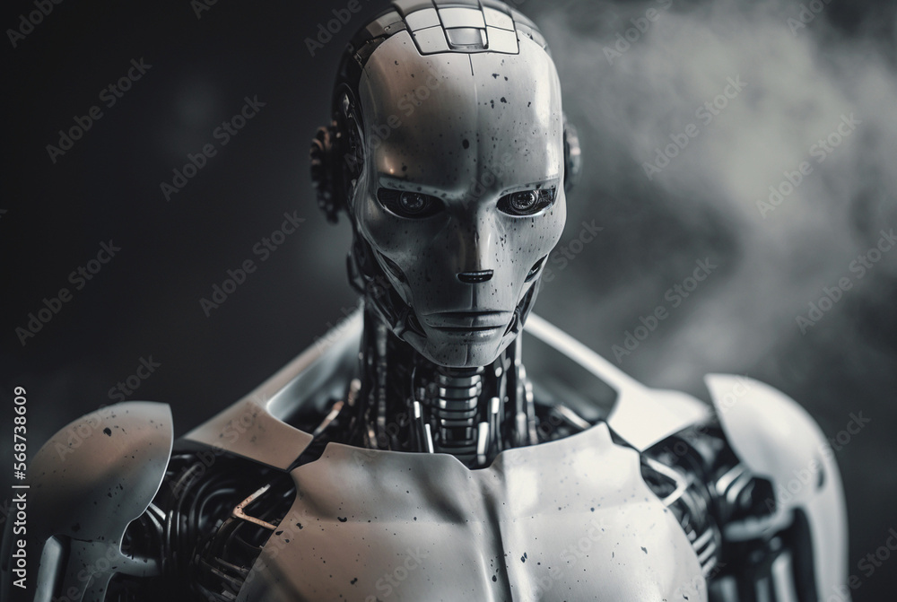 Fototapeta premium a machine with a menacing expression on its face, autonomous humanoid android robot with artificial intelligence. Generative AI