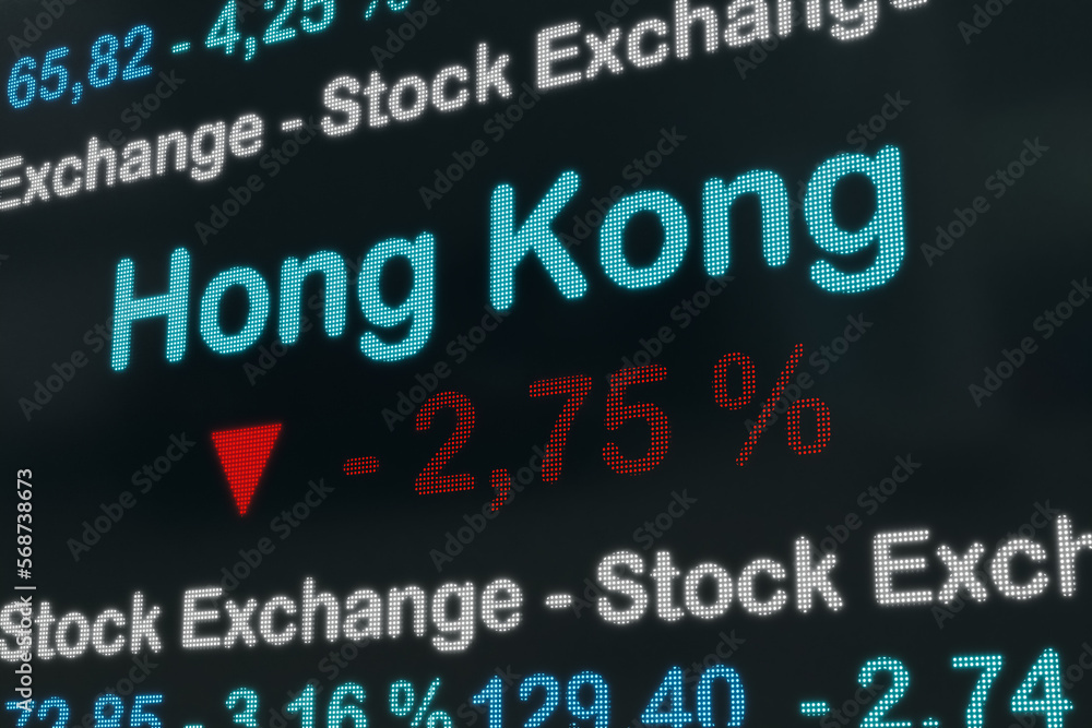 Hong Kong stock exchange moving down. China, Hong Kong, negative stock market data on a trading screen. Red percentage sign and ticker information. Stock exchange and business concept. 3D illustration Hong Kong stock exchange moving down. China, Hong Kong, negative stock market data on a trading screen. Red percentage sign and ticker information. Stock exchange and business concept. 3D illustration