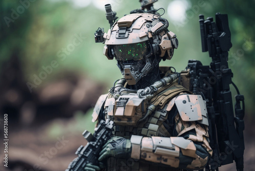 A soldier wearing a helmet with technological upgrades, an armed soldier in camouflage suit or combat suit with armor plates and visor. Generative AI