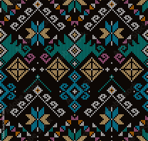 Yakan weaving inspired vector seamless pattern - Filipino traditonal geometric textile or fabric print design on black background
