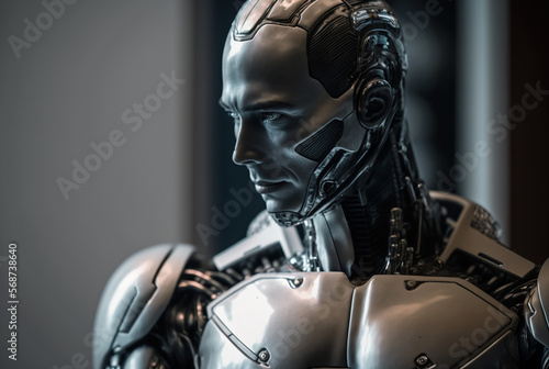 a man half-robot or a humanoid android with artificial intelligence parts or a technological upgrade as human evolution  mechanical body parts. Generative AI