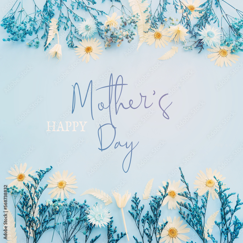 mother's day concept with blue flowers over pastel background - obrazy, fototapety, plakaty 