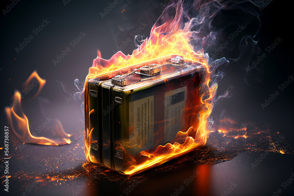 Lithium battery which has caught fire and exploded due to overheating ...