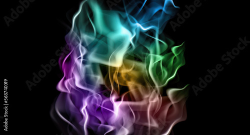 Multicolored abstract smoke with fine granular texture on black background