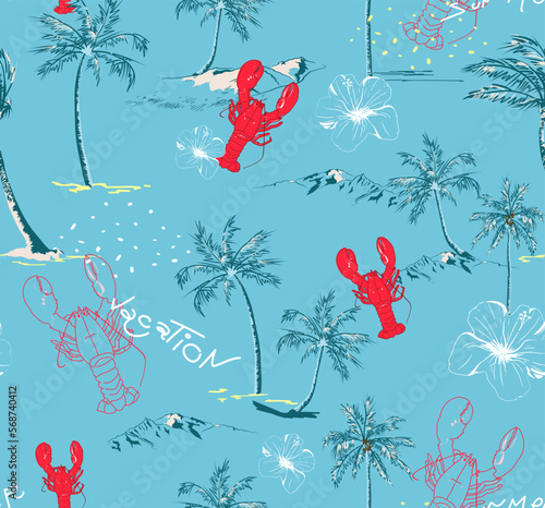 Wallpaper Mural Lobster Summer Beach Tropical Palm Island Hand Draw Vector illustration Seamless Pattern On Turquoise  Blue Background Wallpaper  Torontodigital.ca