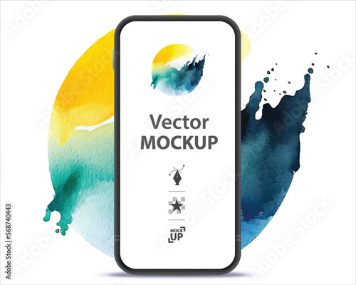Mobile Phone Vector Mockup Illustration. Smartphone isolated on colorful watercolor background. 