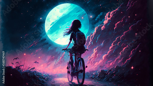 Starry night, milky way in the desert girl on a bike generative ai