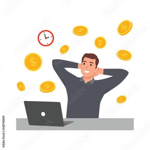 Young Happy businessman with laptop get money . Online income commerce business man. Joyful person makes passive profit or gain. Flat vector illustration isolated on white background