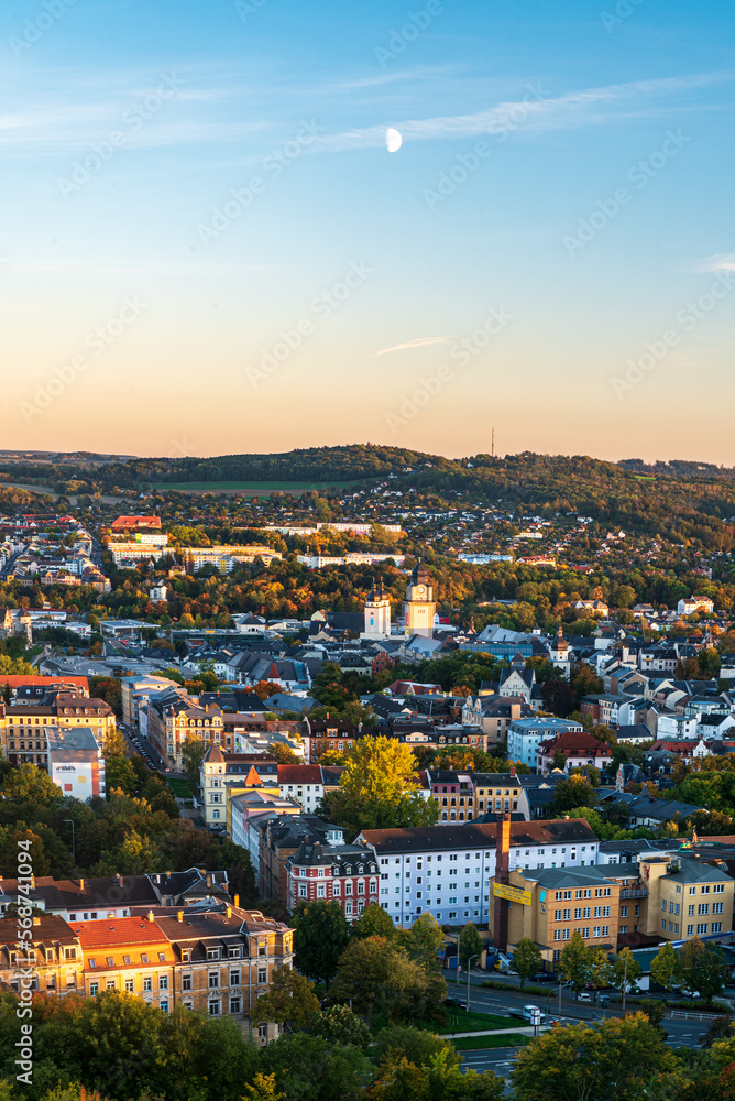 Plauen city with Kemmler hill above from Barenstein hill in Germany