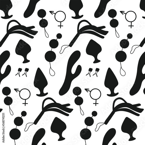 Seamless pattern with sex toys. Print for sex shop. Pattern with sex toys. Vector illustration. Silhouette style.