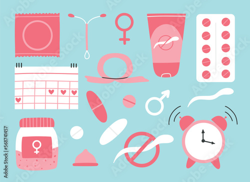 Types of contraception. Pills, calendar, patch, condom and coil. Vector illustration in a flat style. Poster with contraception.World contraception day. Methods of contraception.