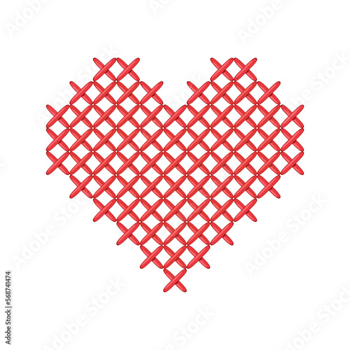 Red cross stitch heart embroidered on a white background. Needlework vector illustration.