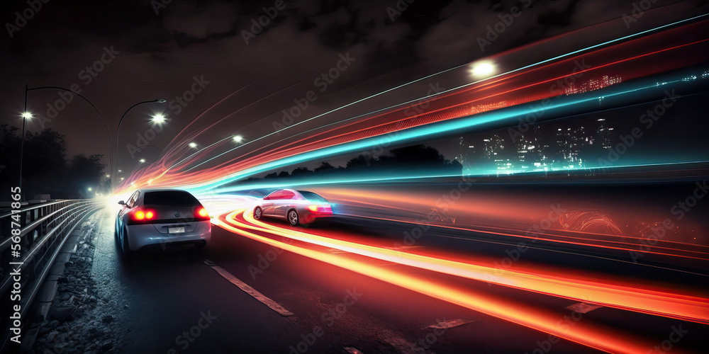 Сolorful light trails from car headlights on a black and white night landscape. Car rushes highway. Car lights night. Post-processed generative AI