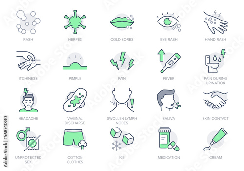 Herpes symptoms line icons. Vector illustration include icon - blister, pimple, pain, fever, vaginal, discharge, sores, blister outline pictogram for rash virus. Green Color, Editable Stroke