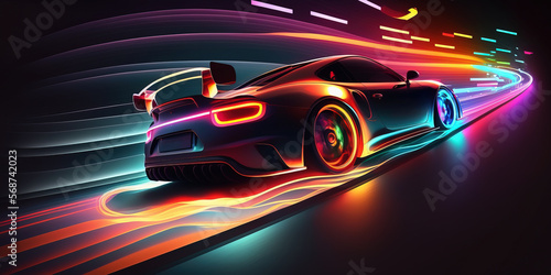 Car rushes highway a night track with colorful lights. Car lights night. Post-processed generative AI © Katynn