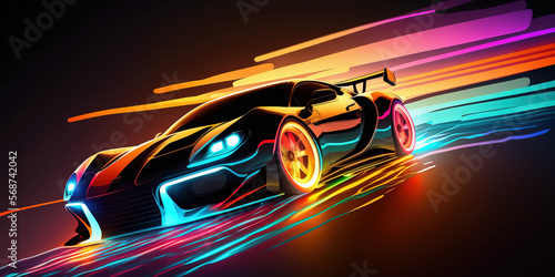 Car rushes highway a night track with colorful lights. Car lights night. Post-processed generative AI