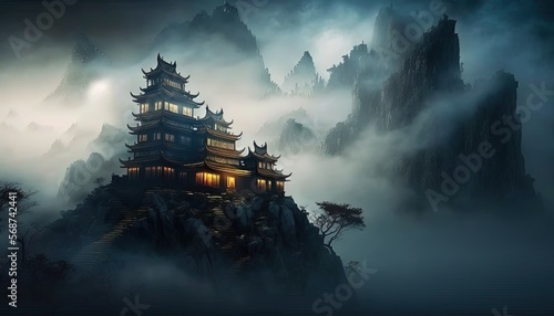 mystery enchanted palace among cloud, idea for fantasy journey theme background wallpaper, Generative Ai