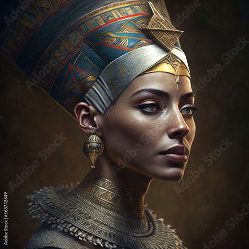 Ancient Egyptian queen Nefertiti portrait looking away, generative AI photo