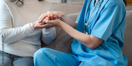 Female doctors shake hands with patients encouraging each other To offer love, concern, and encouragement while checking the patient's health. concept of medicine.