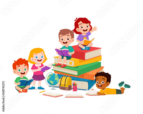 little kid reading book with friend together