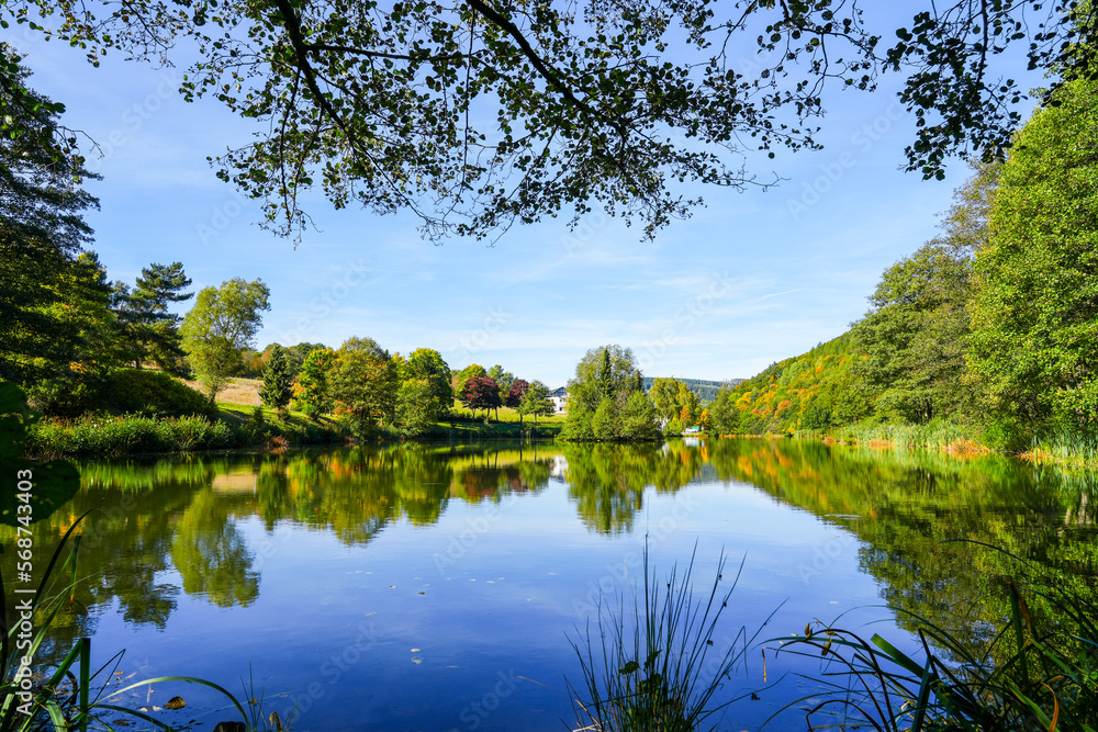 Green nature at a pond near Willingen. View of the lake with the surrounding landscape in the Sauerland.
Green nature at a pond near Willingen. View of the lake with the surrounding landscape in the Sauerland.