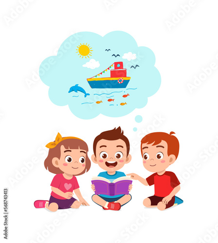 little kid read story book and friend listening