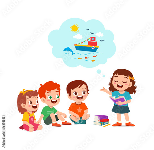 little kid read story book and friend listening