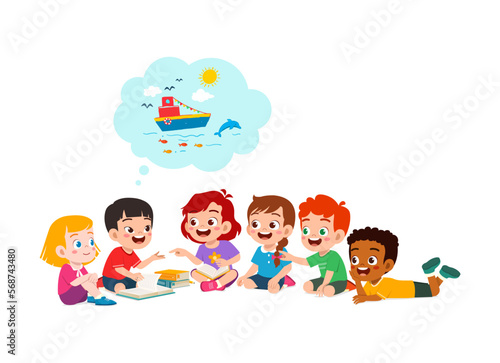 little kid read story book and friend listening