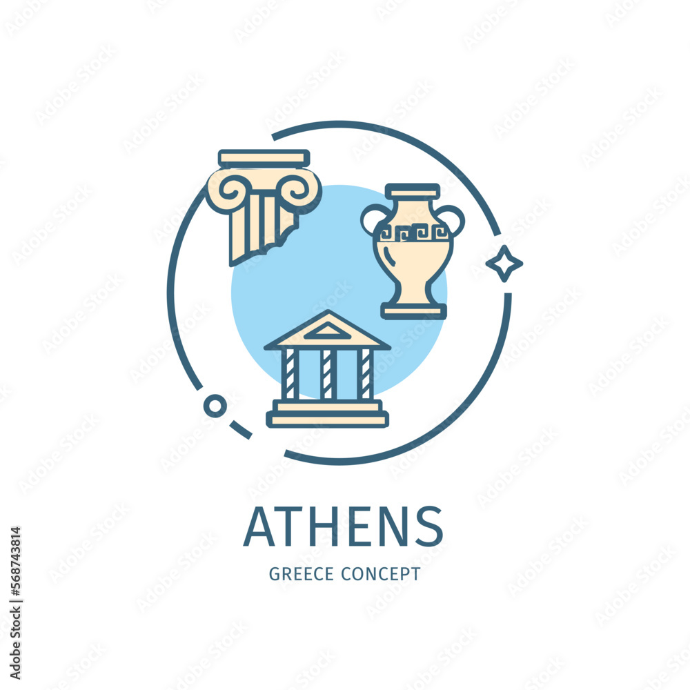 Greece Athens Travel and Tourism Thin Line Icon Concept Include of Temple, Vase and Column. Vector illustration Greece Athens Travel and Tourism Thin Line Icon Concept Include of Temple, Vase and Column. Vector illustration