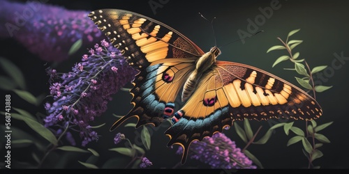 A butterfly beside a butterfly bush, symbolizing habitat preservation and biodiversity, generative ai