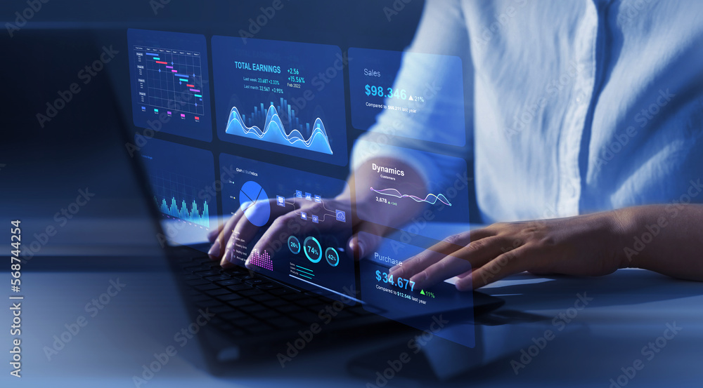 Business finance data analytics graph.Financial management technology.Advisor using KPI Dashboard on virtual screen. - obrazy, fototapety, plakaty 