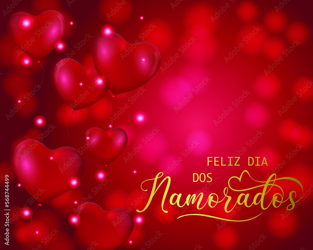cartão ou banner para desejar um feliz dia dos namorados em ouro sobre um fundo gradiente vermelho com círculos em efeitos bokeh, balões em forma de corações vermelhos e círculos brancos e vermelhos