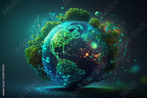 illustration concept of saving the earth and energy Planet Earth with leaf texture and Milky Way as background, Generative AI.