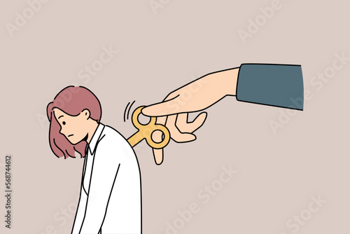 Huge hand wind up key in tired female employee back feeling exhausted. Unhappy woman feel tired and worn out, being started with side help. Vector illustration. 