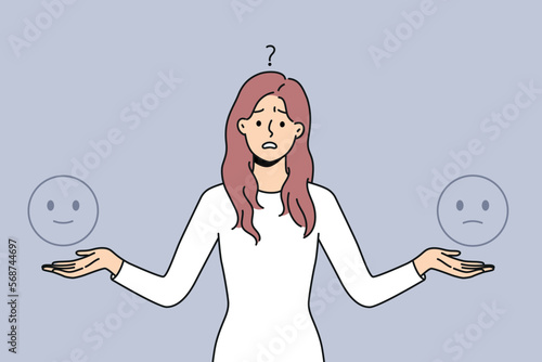 Confused young woman feel frustrated choose mood for day. Unhappy unsure female doubtful about customer experience or feedback. Vector illustration. 