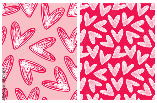 Simple Romantic Seamless Vector Patterns with Hearts Isolated on a Red and Pink Background. Sketched Heart Print ideal for Fabric, Wrapping Paper. Cool Valentine's Day Print. Heart made of Scribbles.