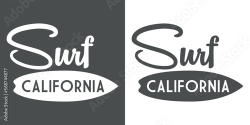 Logo destino de vacaciones. Letras de la palabra Surf en texto manuscrito con silueta de tabla de surf con palabra California
