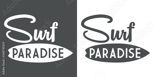 Logo destino de vacaciones. Letras de la palabra Surf en texto manuscrito con silueta de tabla de surf con palabra Paradise