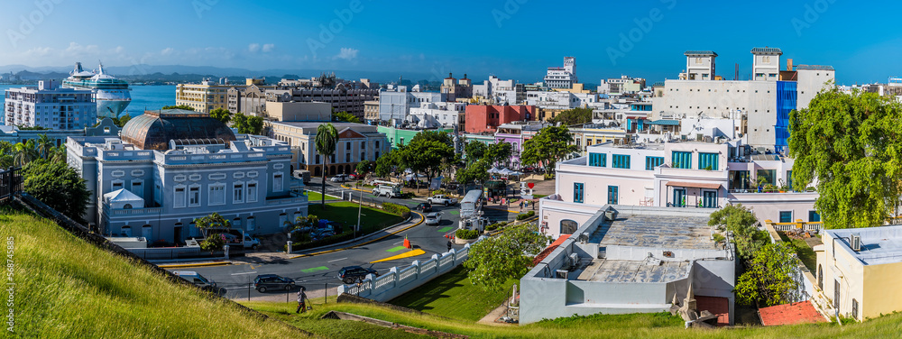 A panorama view south west from the battlements of the Castle of San Cristobal, San Juan, Puerto Rico on a bright sunny day