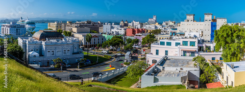 A panorama view south west from the battlements of the Castle of San Cristobal, San Juan, Puerto Rico on a bright sunny day